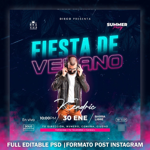 Plantilla Redes Sociales Instagram Fiesta Disco Editable Psd