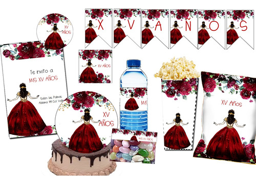 Kit Imprimible Fiesta Xv Años Color Vino Editable Powerpoint