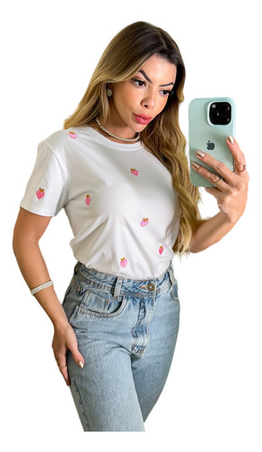 T-shirt Feminina Camiseta Morango Sem Estampa Manga Curta
