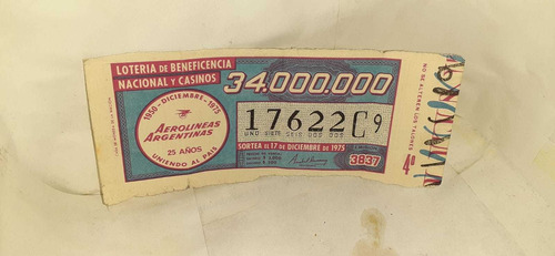 Aerolíneas Argentinas Boleto De Lotería 1975