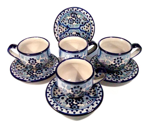 4 Tazas Y 4 Platos Talavera Poblana Barroca 350ml Flores #8