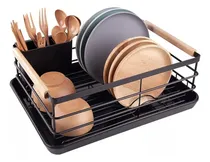 Comprar Secaplatos Escurridor De Platos Para Mesada Con Cubiertero Escurridor Cubiertos Agarradera De Madera Secaplatos Moderno Seca Platos Vajilla Con Bandeja Color Negro Levys Bazar