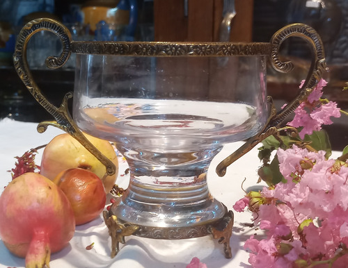 Antiguo Centro De Mesa Cristal Y Bronce Impecable N490 (Usado)
