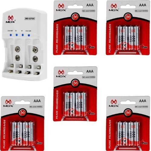 Carregador Mox + 16 Pilhas Recarregáveis Mox Aaa 1000mah