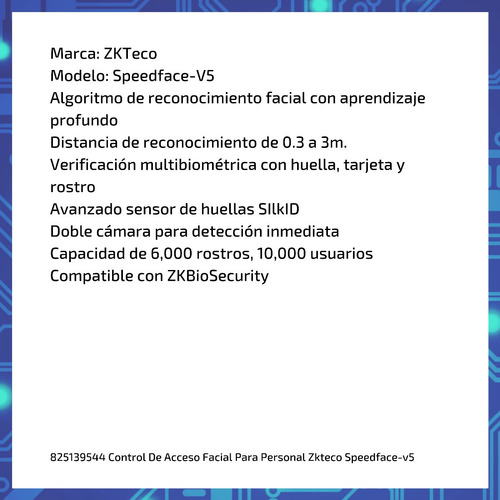 Imagen 6 de 9 de Control De Acceso Ztkeco® Facial Para Personal Speedface-v5