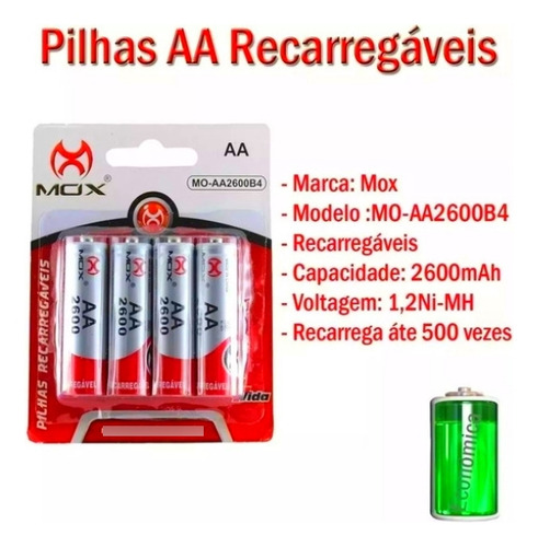 Pilha Recarregável Aa Tradicional Alta Capacidade - 4 Pilhas