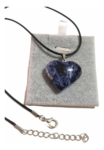 Colgante Corazón De Piedra Sodalita + Cuerito Negro + Bolso