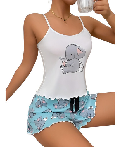 Pijama De Tirantes Estampada Para Dama Con Shorts