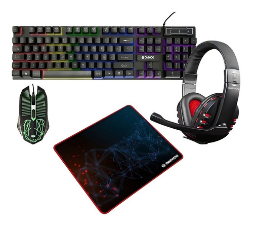 Kit Gamer Retroiluminado Daewoo Teclado Mouse Auricular Pad