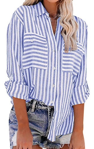 Kinrui Camisa Manga Larga Cuello Para Mujer Boton Blusa