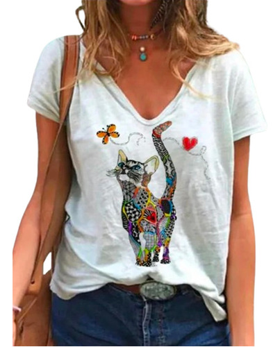 Lovely Cat Geometric Art Camiseta Con Cuello En V