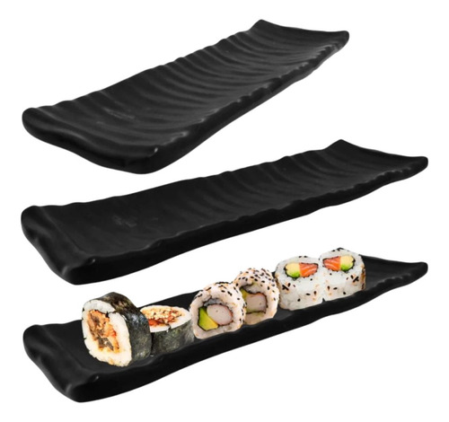 Travessa Estriada Para Sushi Em Melamina Preta 6 Unidades