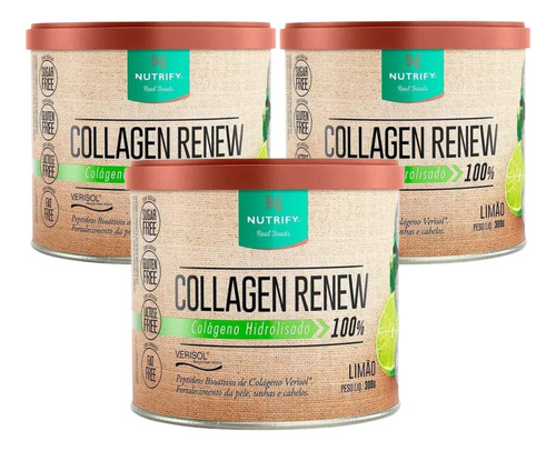 3x Collagen Renew Hidrolisado Nutrify 300g Colágeno Verisol Sabor Limão