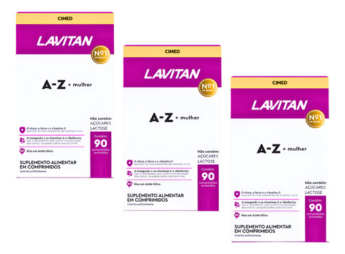 Kit 3 Cxs Lavitan A-z Mulher 90cp (kit C/270 Cps) Cimed Sabor Sem Sabor