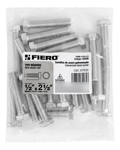 Tornillo Tipo Maquina 1/2 X 2.5´ Hexagonal Metal 20pz 44595