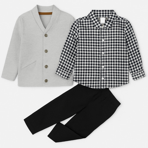 Conjunto Masculino 3 Pçs Infantil Camisa Xadrez Ever & Ever Preto E Branco 3 Anos