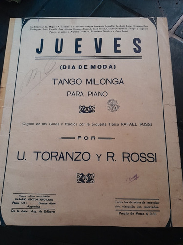 Partitura Jueves Tango Piano Toranzo Rossi