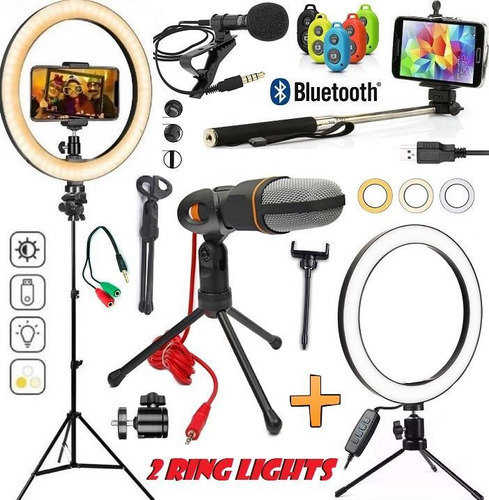 Kit Microfone + Lapela + Iluminadores + Tripé 2,10m