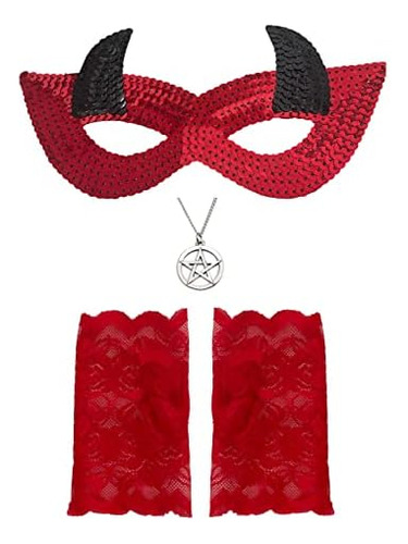Collar De Pentagrama Con Máscara De Diablo, Guantes Rojos