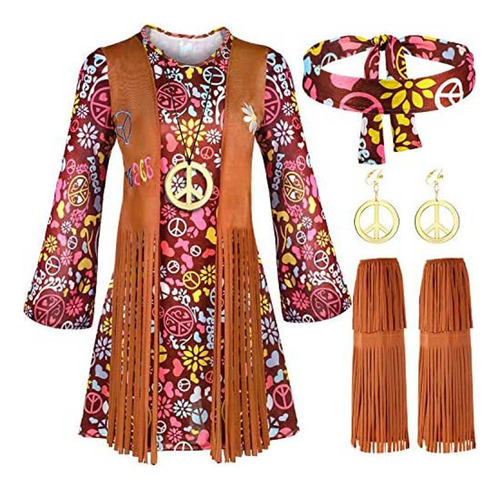 Conjunto De Disfraz Indio Hippie De Los 70 Y 60, Vestido De 1