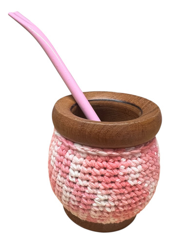 Mates De Madera Decorados Tejidos Crochet Con Bombilla Rosa Chicle Matizado Rosa