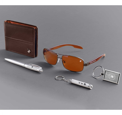 Set De Cartera Polo Club Lentes Pluma Llaveros Hombre Café