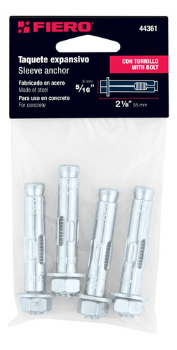 Taquetes Expansivos 5/16 C/ Tornillo Bolsa C/ 4 Pzas Fiero