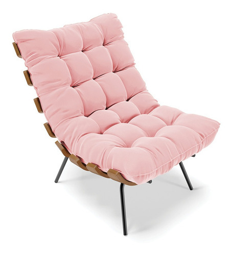 Kit 01 Poltrona E 01 Puff Costela Suede Rosa Bebê Base Metal