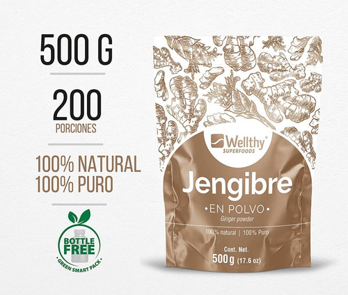 Jengibre En Polvo 500 Grs Wellthy 100% Puro