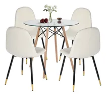 Comprar Comedor 4 Sillas Color Blanco, Incluye 1 Mesa Comedor Redonda Y 4 Sillas Comedor - Homemake Furniture