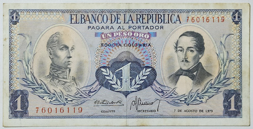 Billete 1 Peso 07/ago/1973 Colombia Xf