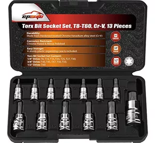 Epauto Torx Bit Socket Set, Star Socket T8-t60, Cr-v, 13 Pie