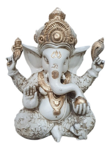 Ganesha Grande Branca Deus Fortuna Prosperidade Em Resina Cor Branco e Dourado