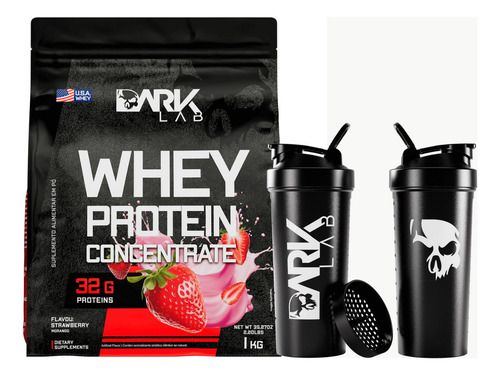 Whey Protein Concentrado 1kg Morango + Coqueteleira 700ml Sabor Sem Sabor