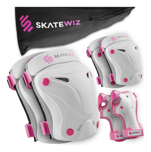 Coderas Y Rodilleras Skatewiz Protect-1 Con Correas De Velcr Rosa-blanco