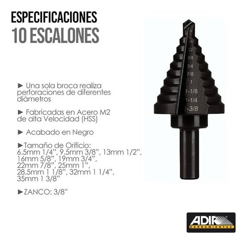 Broca Escalonada Acero 10 Escalones 1/4''-1 3/8'' Adir 9454