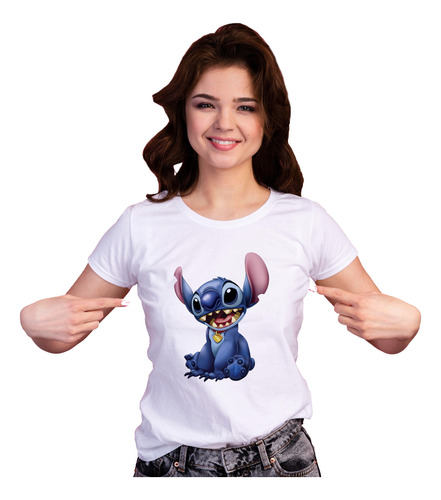 Playera Stitch Azul Sentado Alegre Feliz