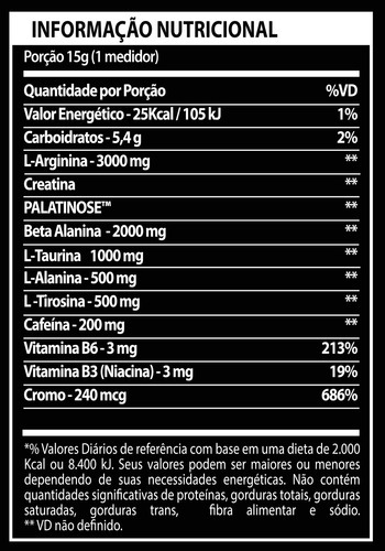 Pré Treino Prohibido Com Creatina, Beta Alanina, Taurina, L-tirosina, L-alanina, Cafeína, Arginina E Palatinose - Extra Forte E Concentrado 360g - Sabor: Algodão Doce