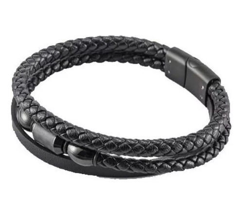 Pulsera Cuero Eco Y Acero Inox Negras Trenzadas Unisex