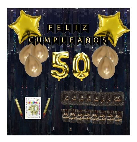 Kit Decoración Cumpleaños - Negro Y Dorado - 50 Años