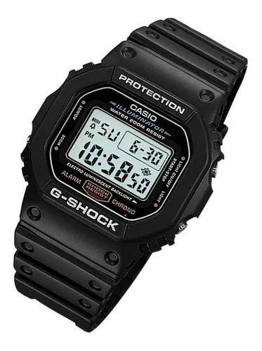 Reloj pulsera Casio G-Shock DW-5600 de cuerpo color digital, fondo gris, con correa de resina color negro, dial negro, minutero/segundero negro, bisel color negro y luz azul verde y hebilla