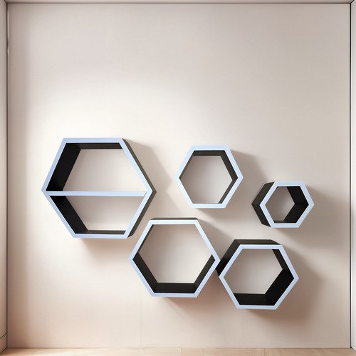 Set 5 Estantes Hexagonales Artesanal + Kit De Instalacion Negro Con Bordes Blancos