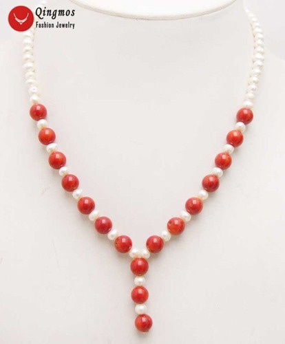 Qingmos-gargantilla De Perlas Naturales Para Mujer Red Coral