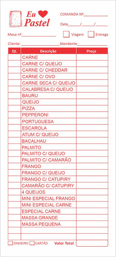Comanda Pedido Pastel De Feira 5 Blocos Com 100 Folhas