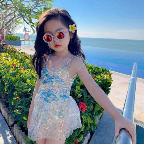 Conjunto De Traje De Baño De Sirena Para Niñas Azul Cielo M