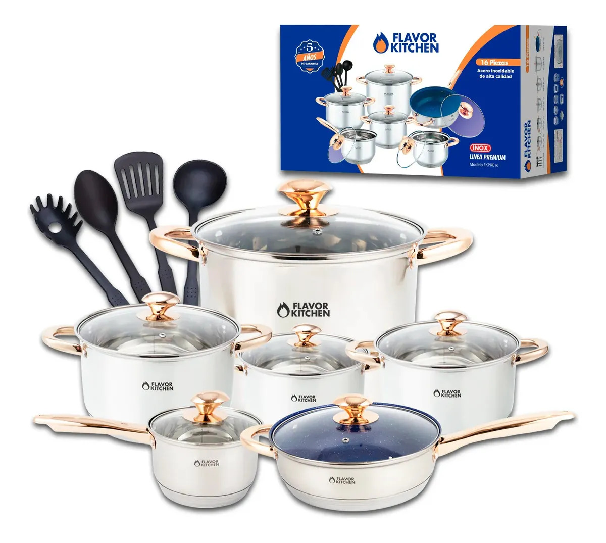 Batería De Cocina Flavor Kitchen 16 Piezas Acero Inoxidable Plateado