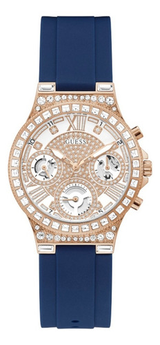 Reloj pulsera Guess GW0257L3 Moonlight con correa de acero inoxidable color azul marino fondo oro rosa