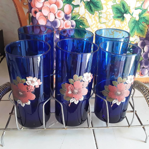 Juego De Vasos De Vidrio Azules Con Dibujo De Flores