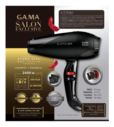 Secadora De Cabello Gama Profesional 2400w Pluma 5500