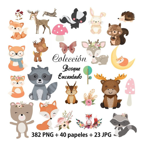 Kit Colección Cliparts+papeles Animales Bosque Encantado